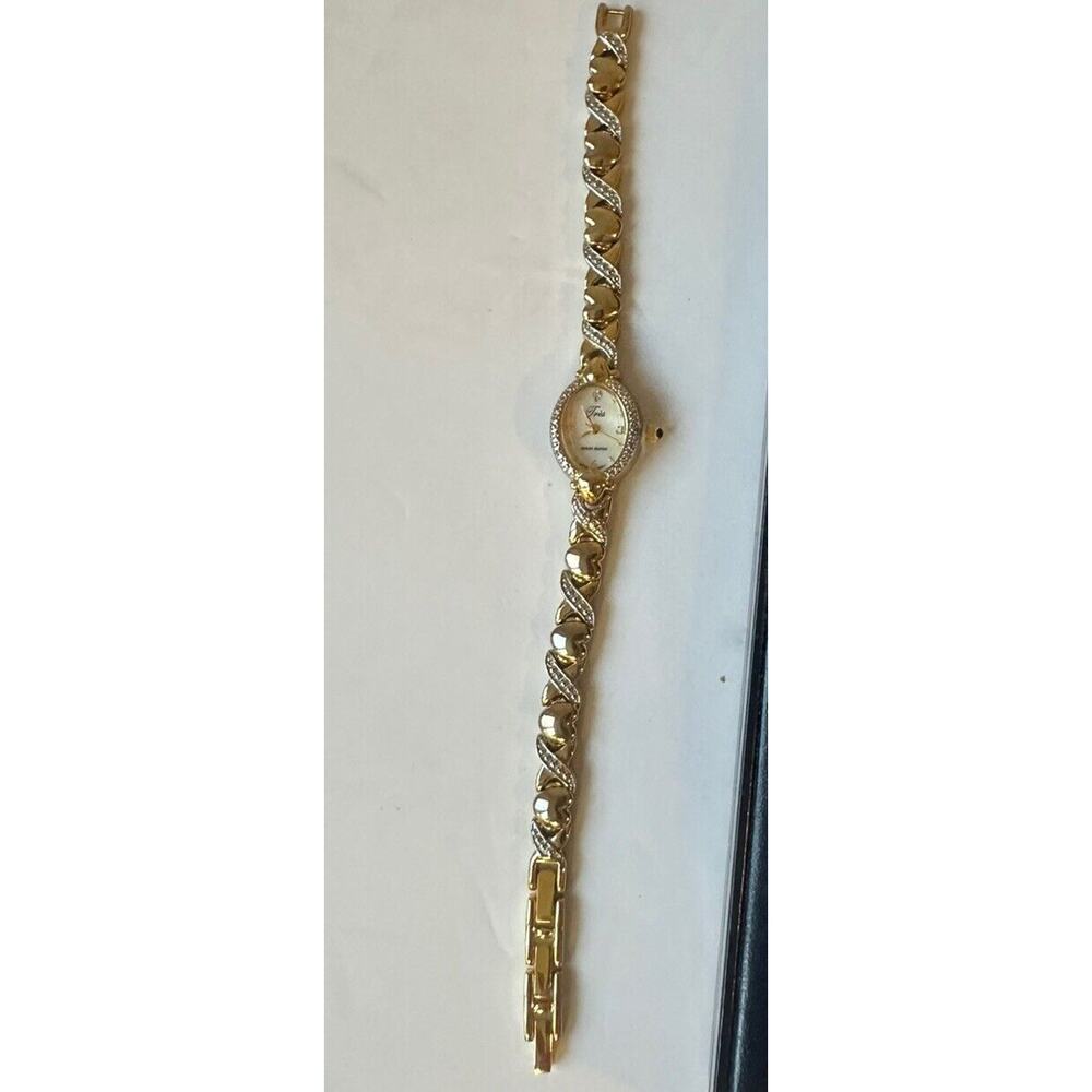 Tres Wrist Watch with Genuine Diamond Accents Gold Tone Hearts Design